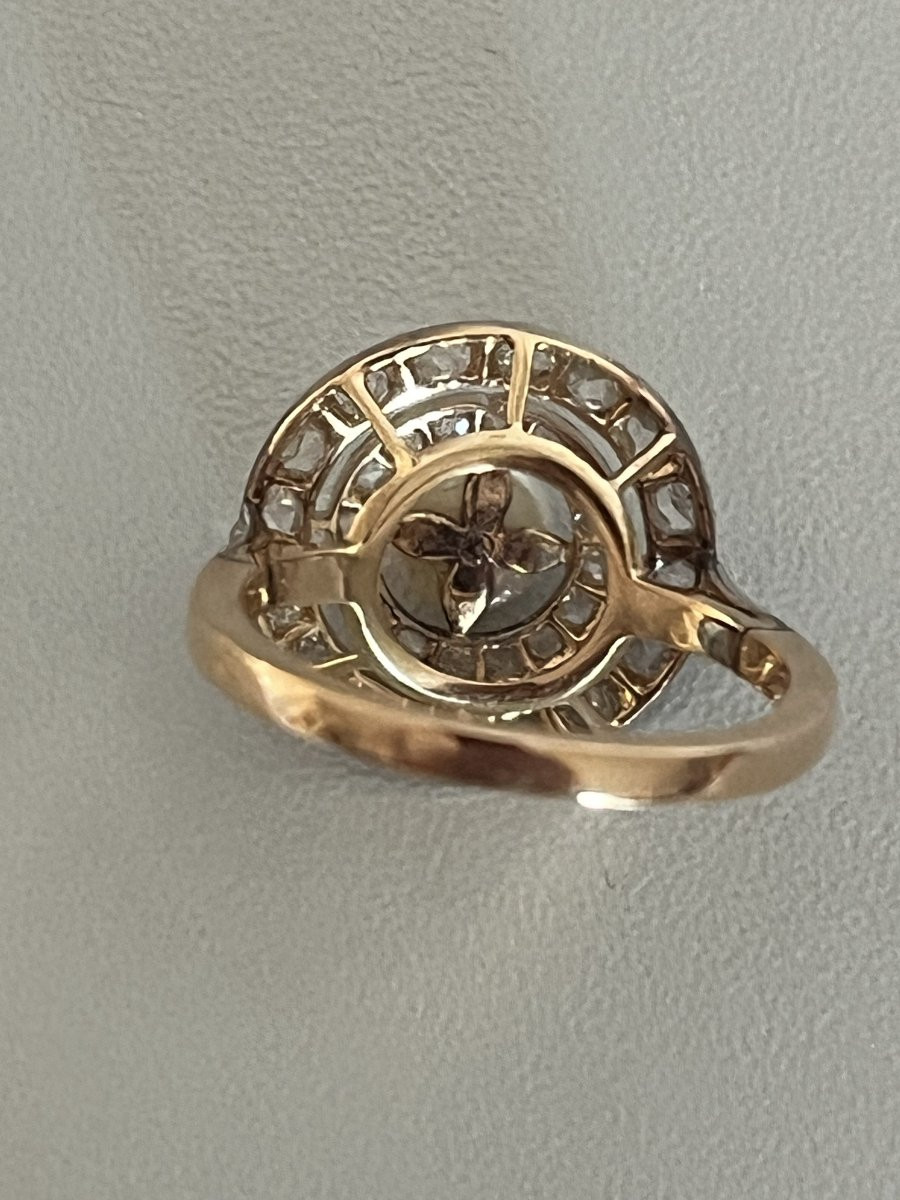 7432 - Bague Cible Ancienne Or Jaune Platine Perle Fine Diamants-photo-3