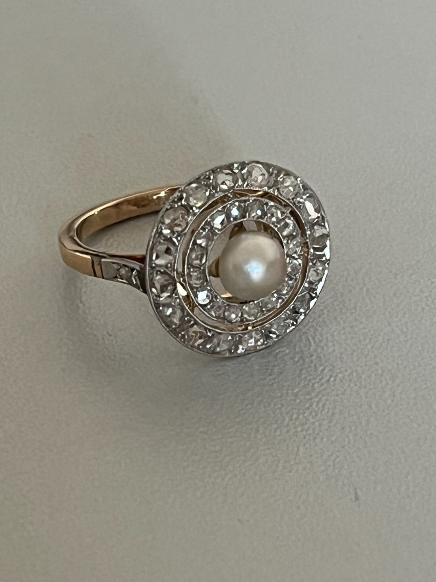 7432 - Bague Cible Ancienne Or Jaune Platine Perle Fine Diamants-photo-1