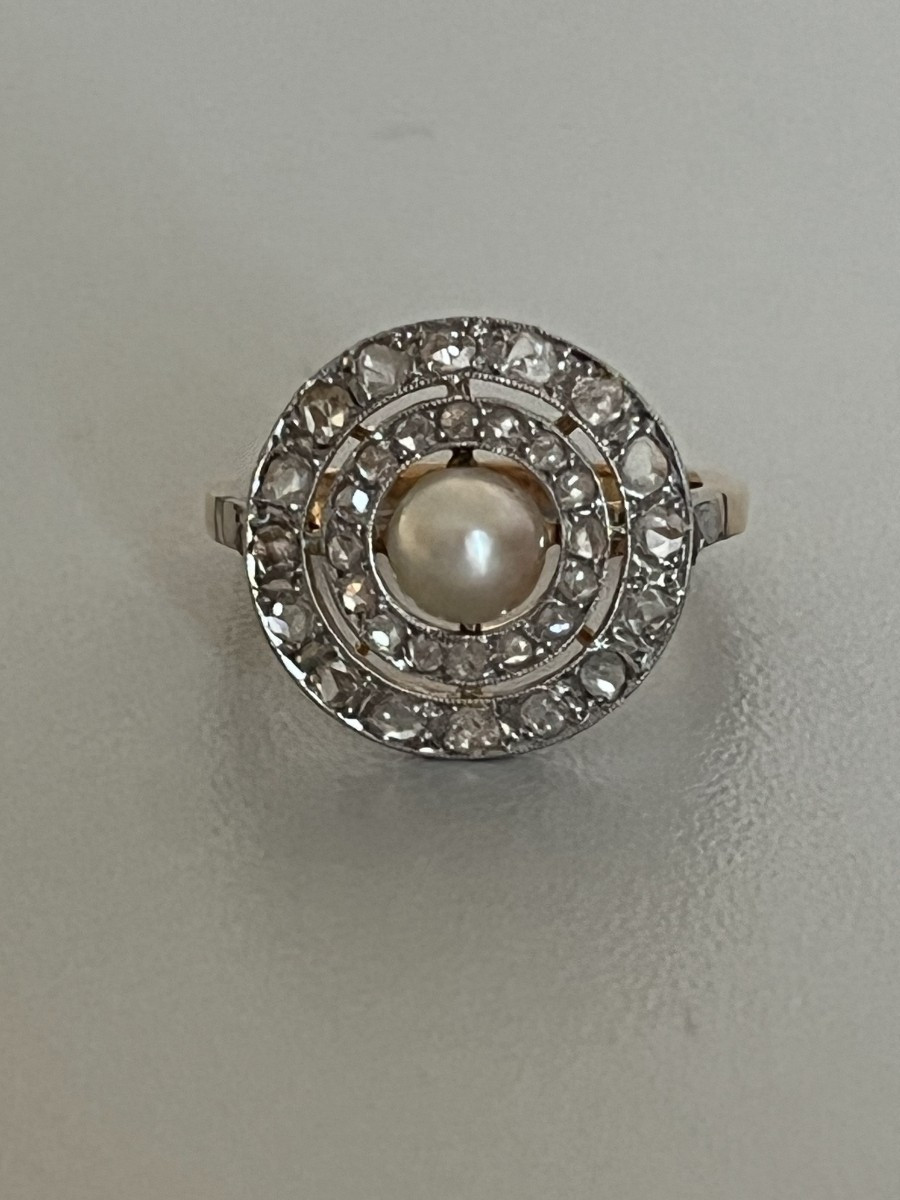 7432 - Bague Cible Ancienne Or Jaune Platine Perle Fine Diamants