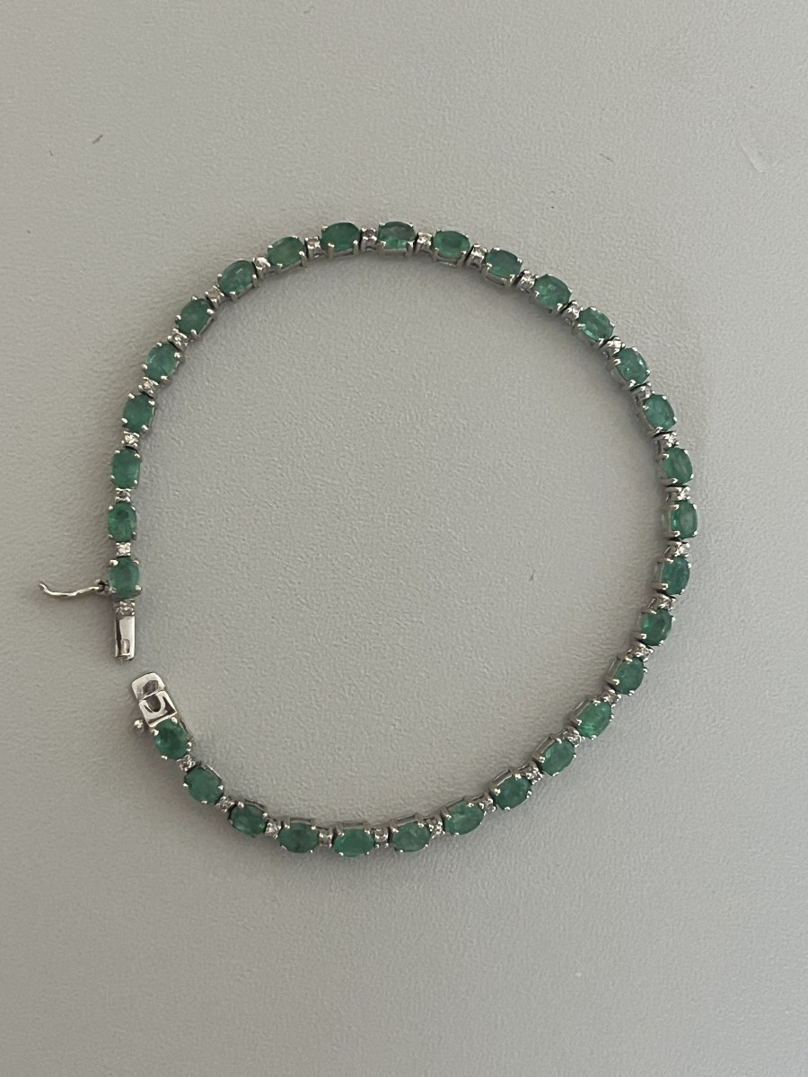 7437 - Bracelet Rivière Or Gris Emeraudes Diamants