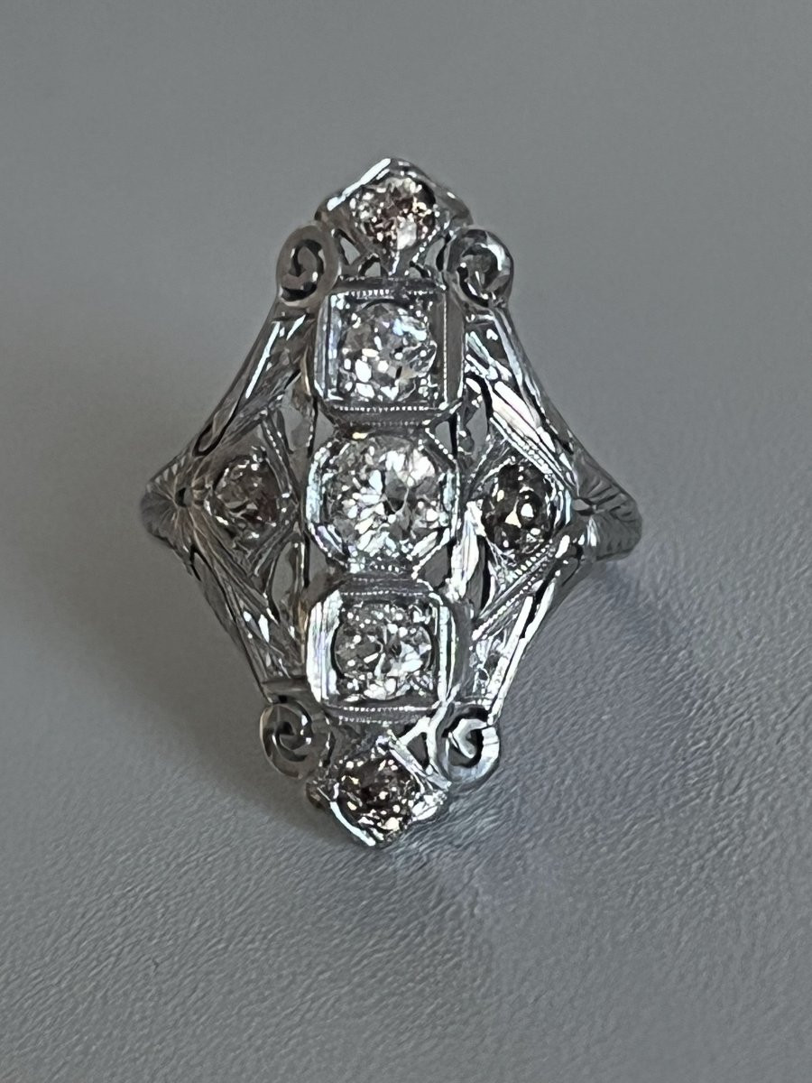 7438 - Art Deco White Gold Platinum Diamond Ring-photo-2
