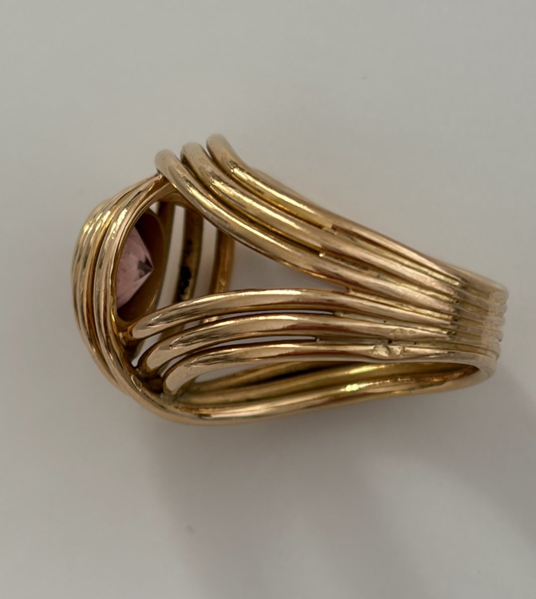 7445 - Bague Vintage Fils d'Or Jaune Tourmaline Rose-photo-3