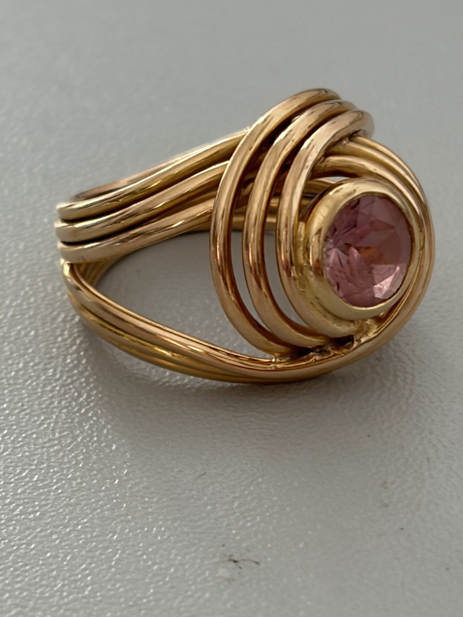 7445 - Bague Vintage Fils d'Or Jaune Tourmaline Rose-photo-1