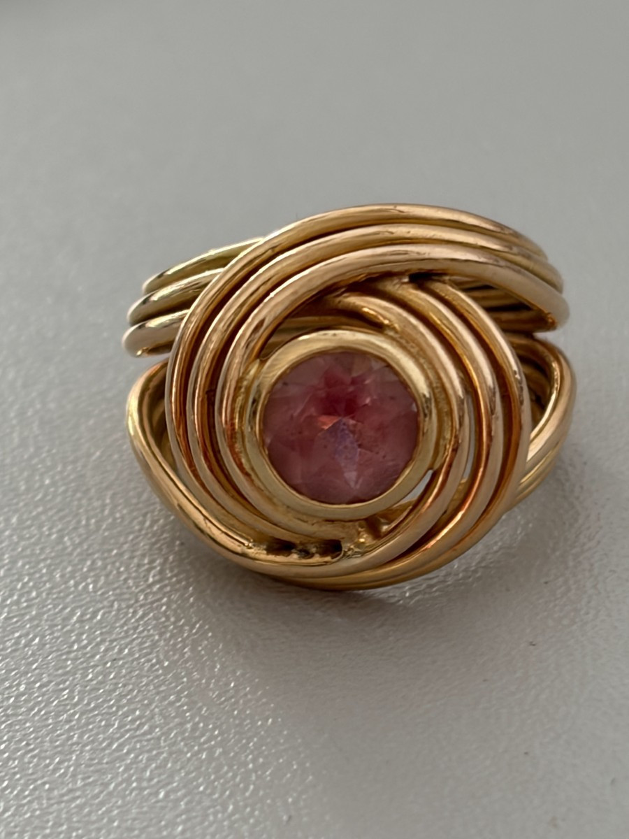 7445 - Bague Vintage Fils d'Or Jaune Tourmaline Rose