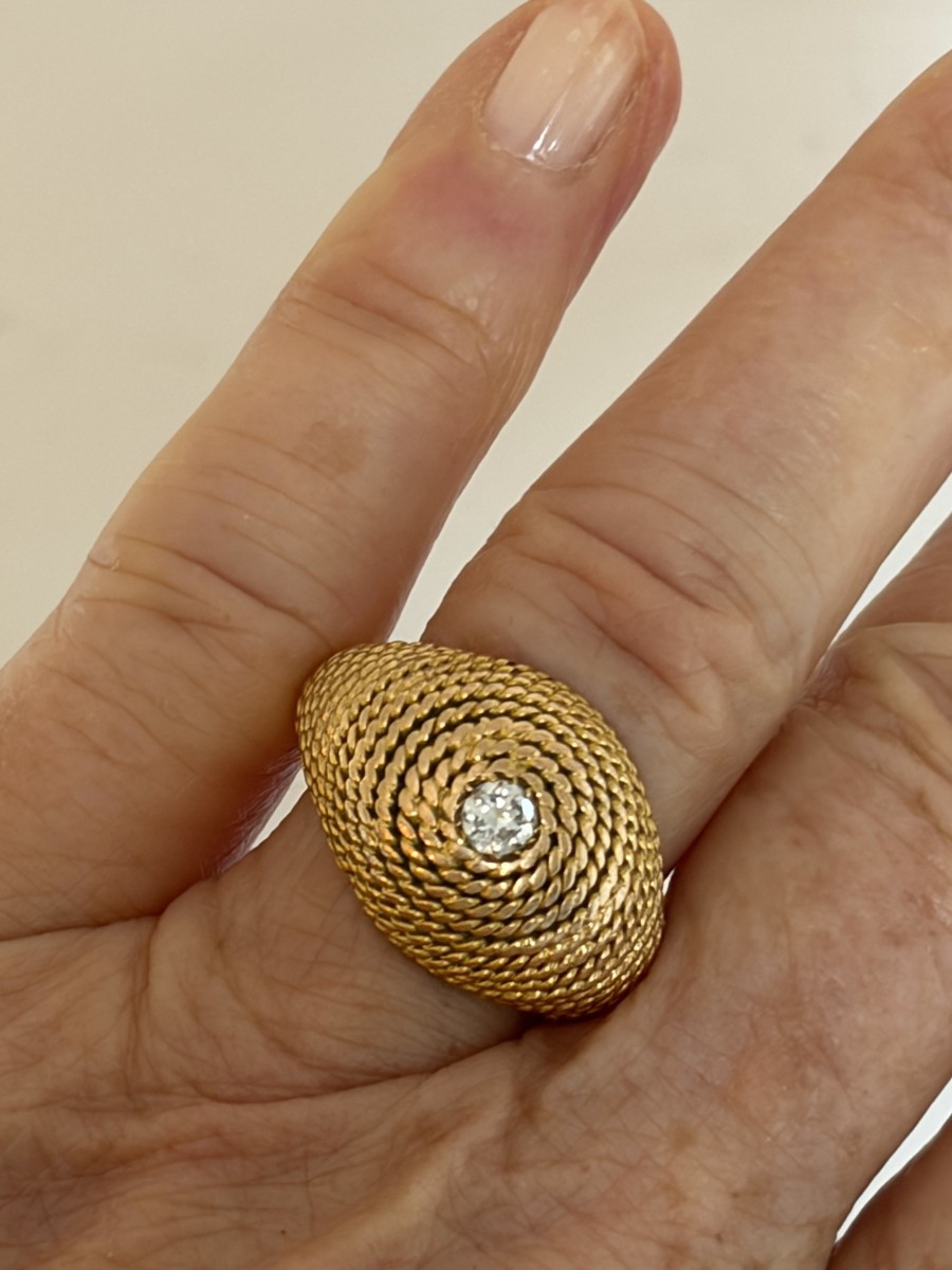 7470 - Bague Dôme Vintage Or Jaune Cordé Diamant-photo-1