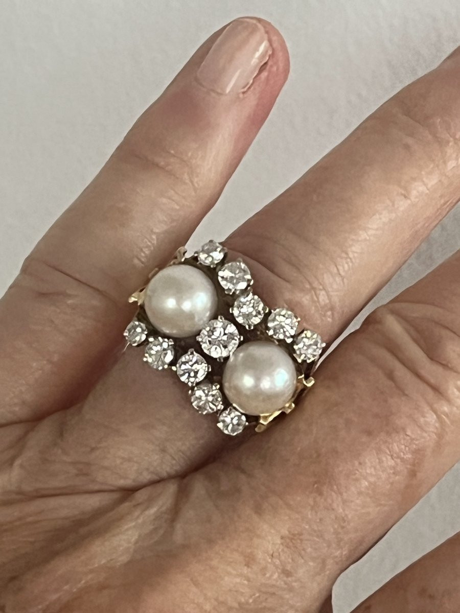 7266 - Bague Vintage Or Jaune Perles Akoya Diamants-photo-2