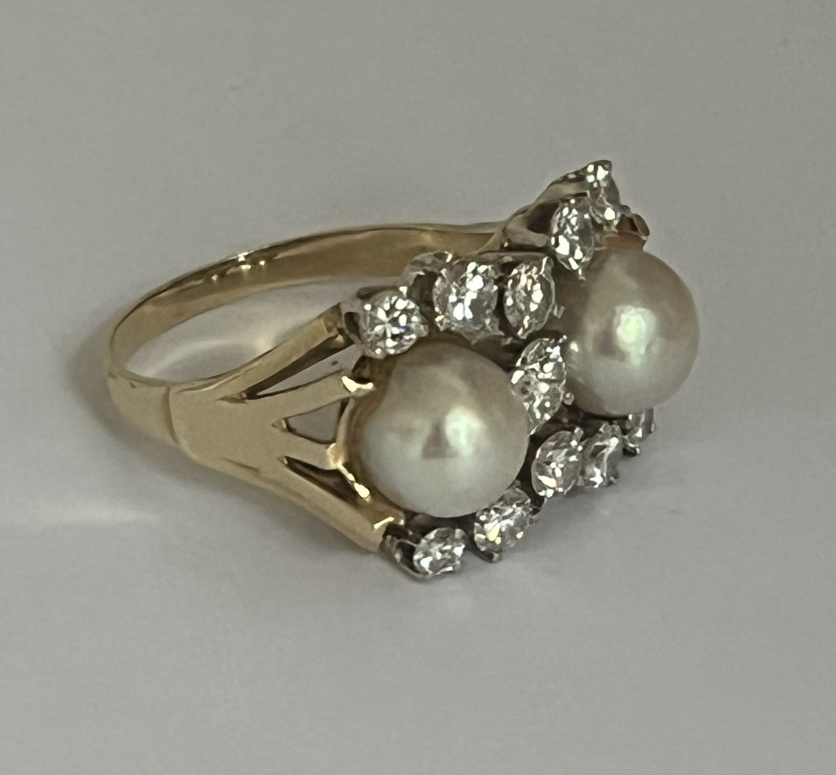 7266 - Bague Vintage Or Jaune Perles Akoya Diamants-photo-4