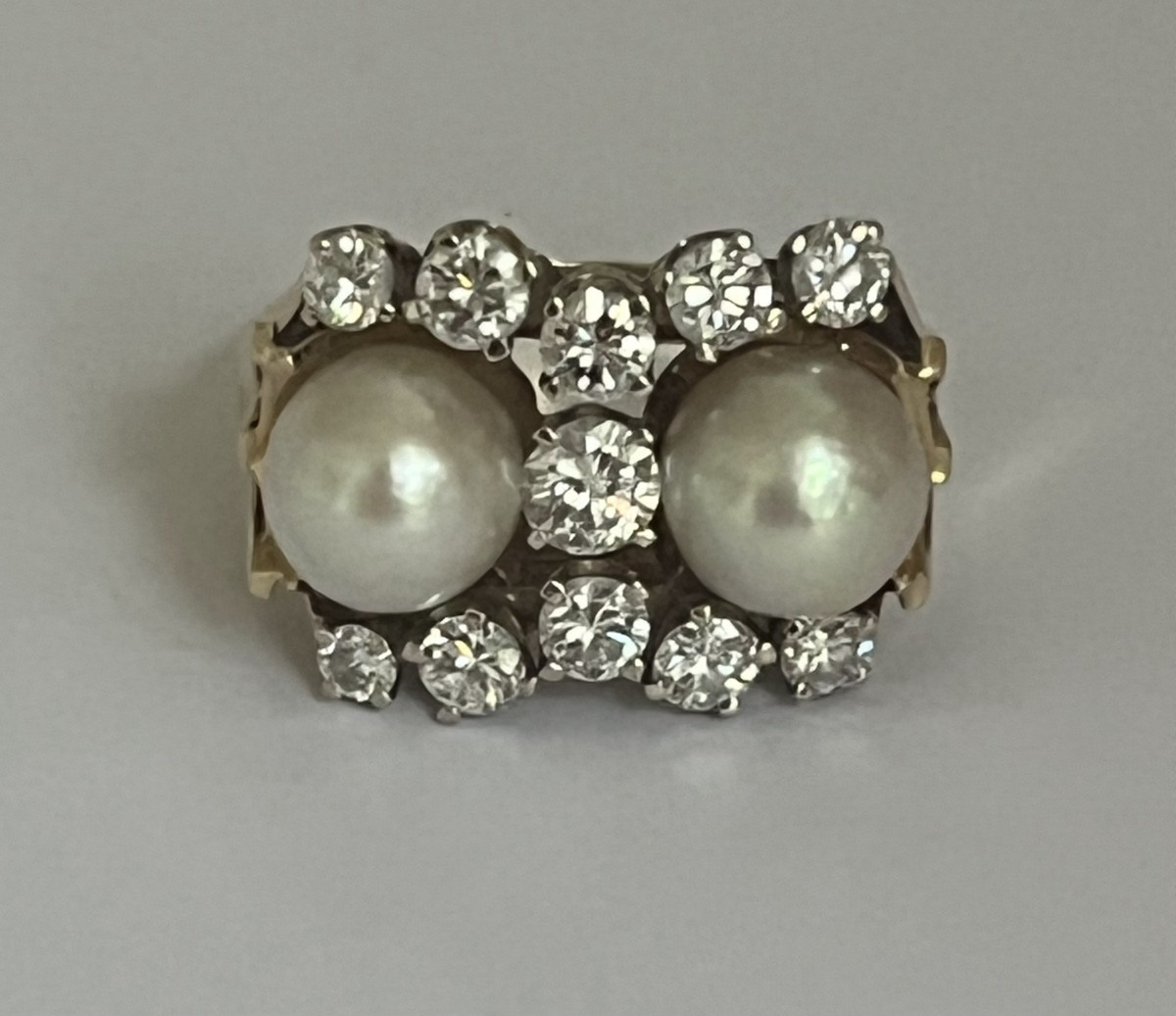 7266 - Bague Vintage Or Jaune Perles Akoya Diamants