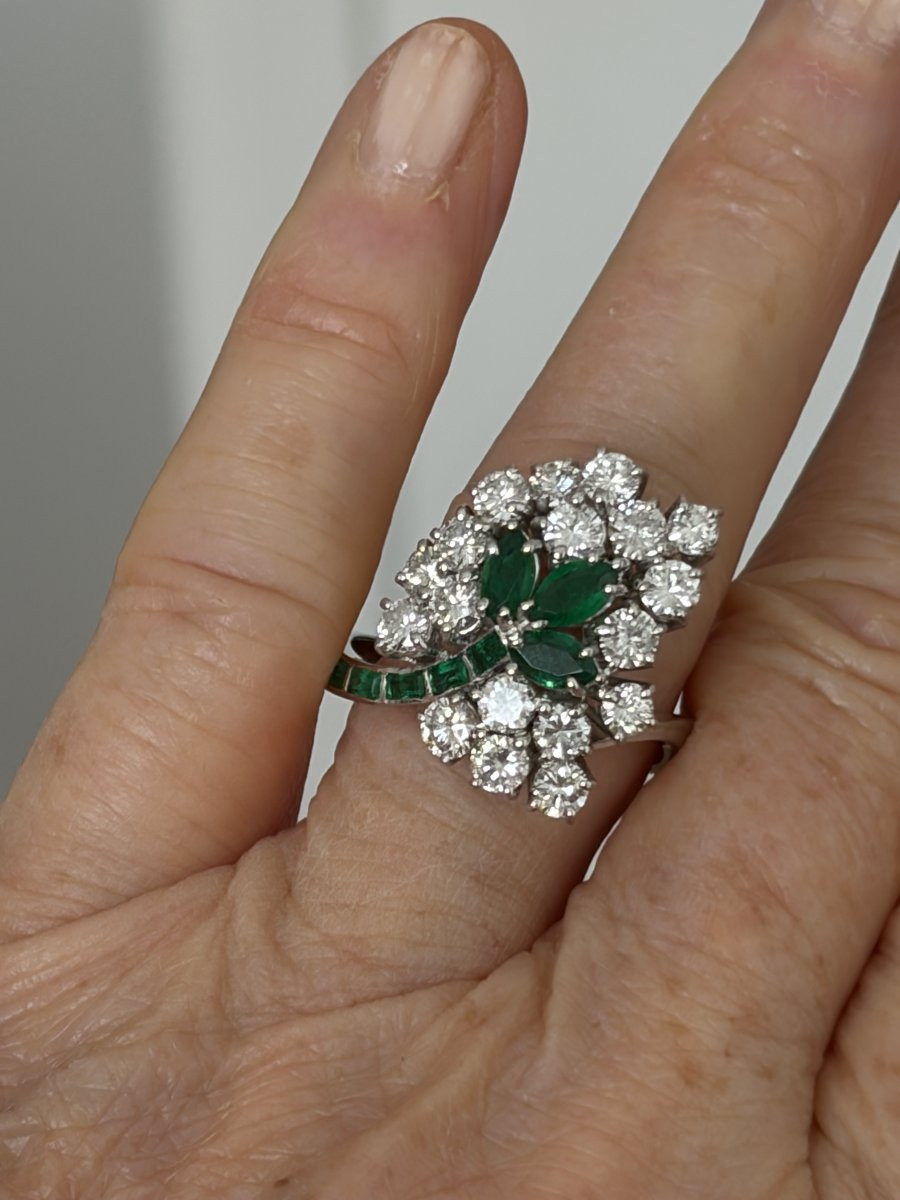 7458 - Bague Cocktail Or Gris Emeraudes Diamants-photo-3