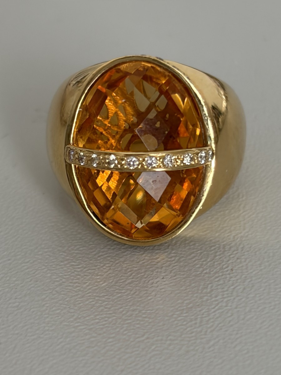7513 - Bague Chevalière Or Jaune Citrine 8,00 ct Diamants
