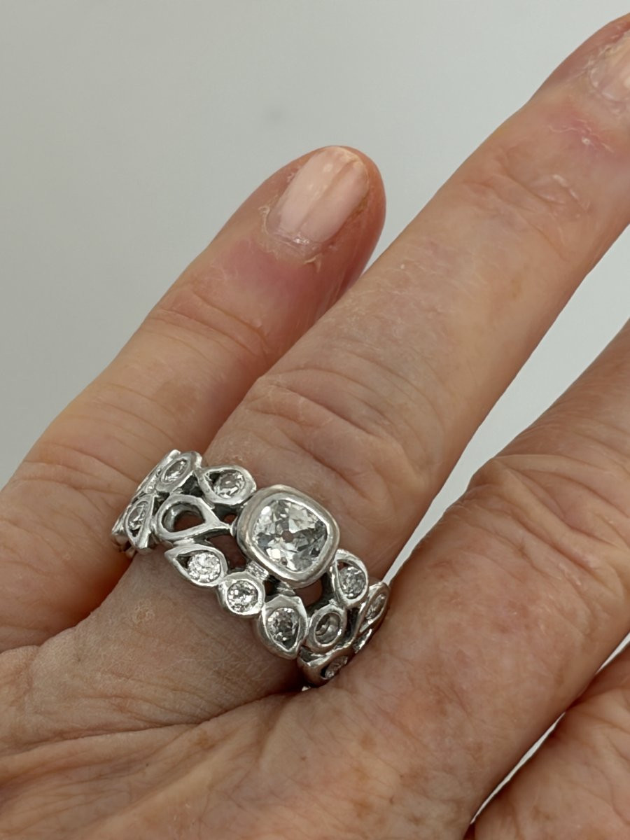 7515 - Bague Bandeau Vintage Or Gris Diamants-photo-4
