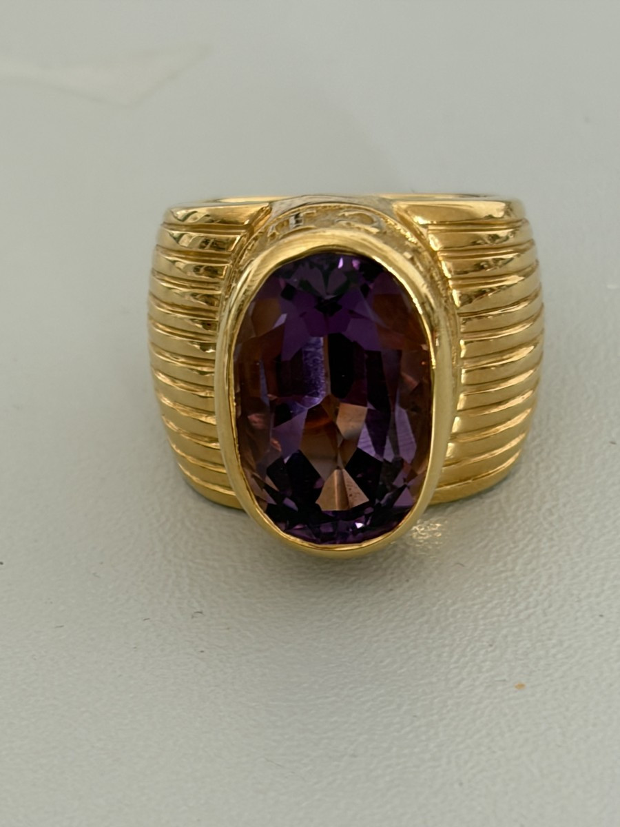 7525 - Importante Bague Bandeau Vintage Or Jaune Améthyste
