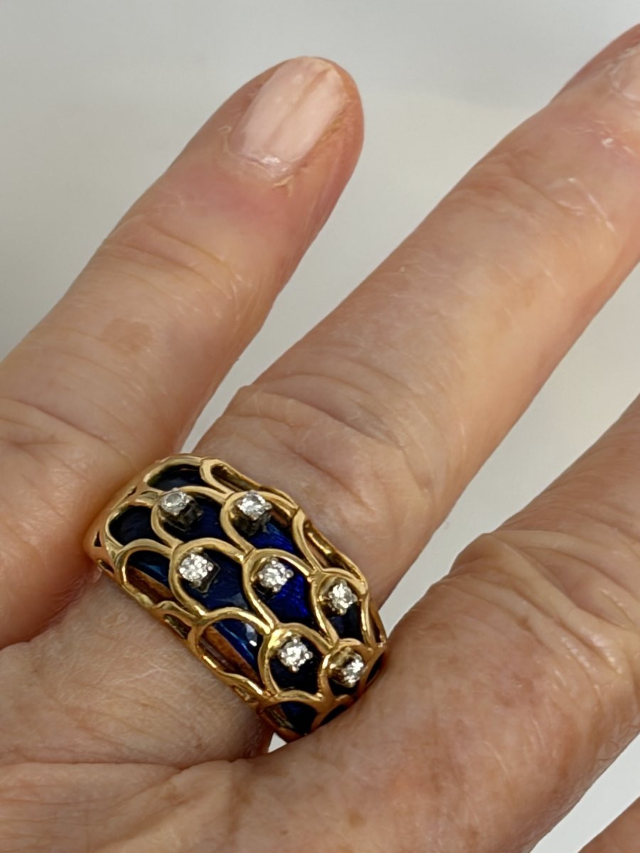 7526 - Faberge Band Ring Yellow Gold Diamonds Enamel-photo-2