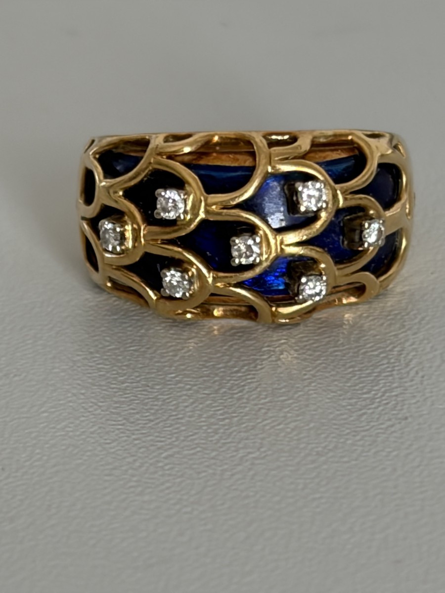 7526 - Faberge Band Ring Yellow Gold Diamonds Enamel