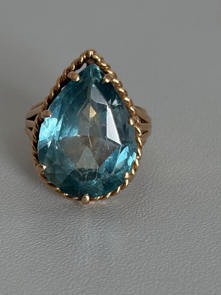7527 - Bague Vintage Or Jaune Zircon Bleu Naturel