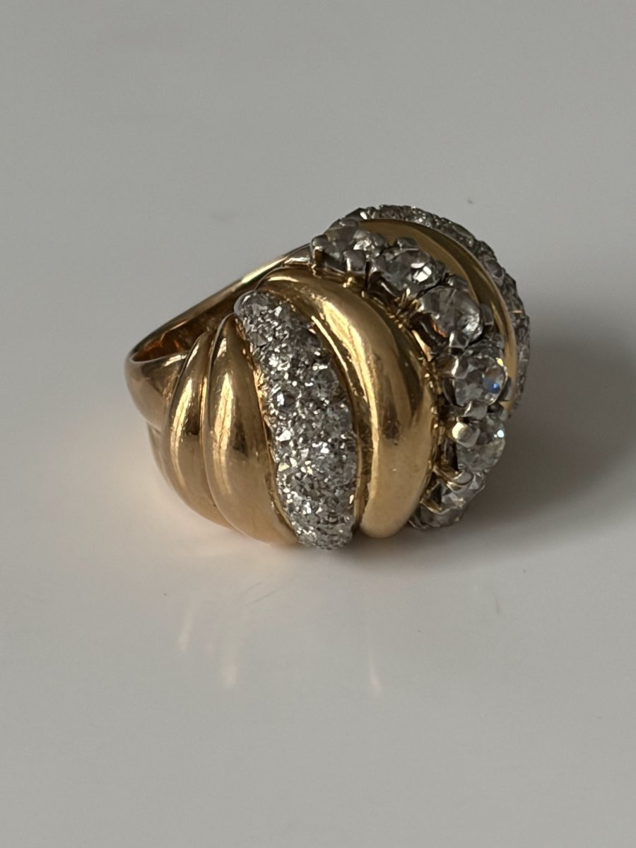 7530 - Importante Bague Vintage Or Jaune Platine Diamants-photo-4