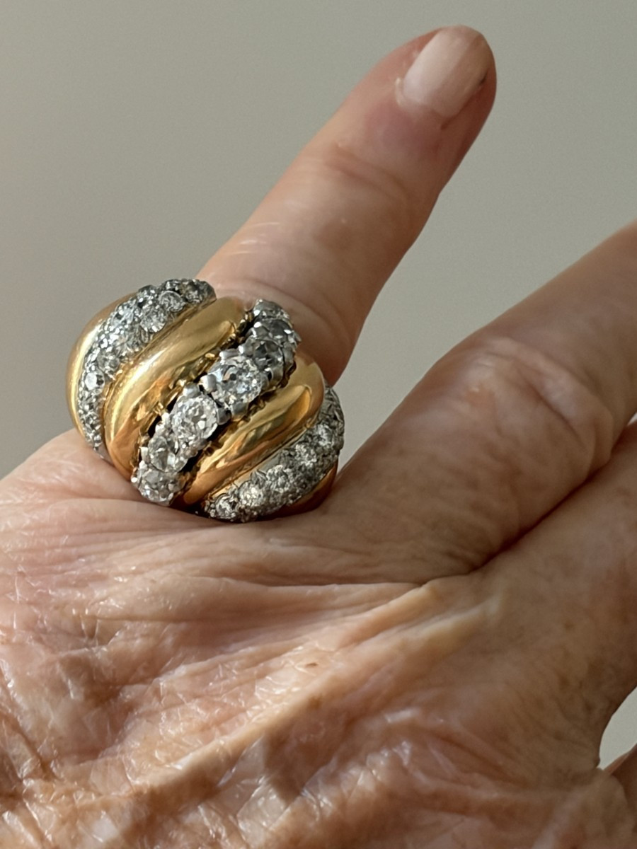 7530 - Importante Bague Vintage Or Jaune Platine Diamants-photo-1