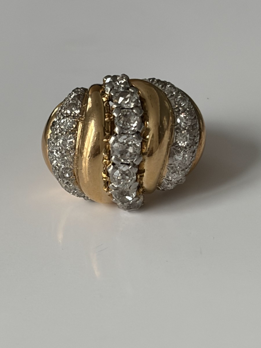 7530 - Importante Bague Vintage Or Jaune Platine Diamants
