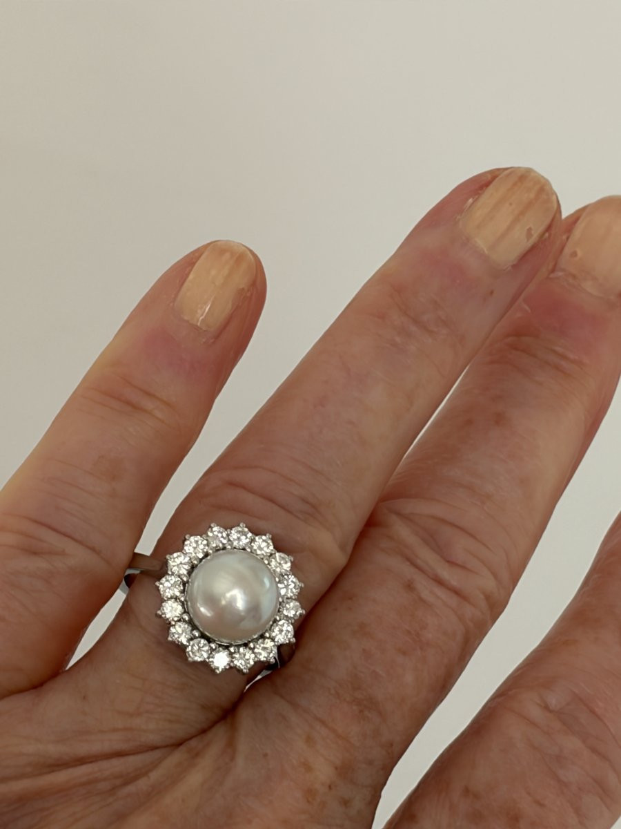 7539 - Vintage Ring White Gold Akoya Pearl Diamonds-photo-2