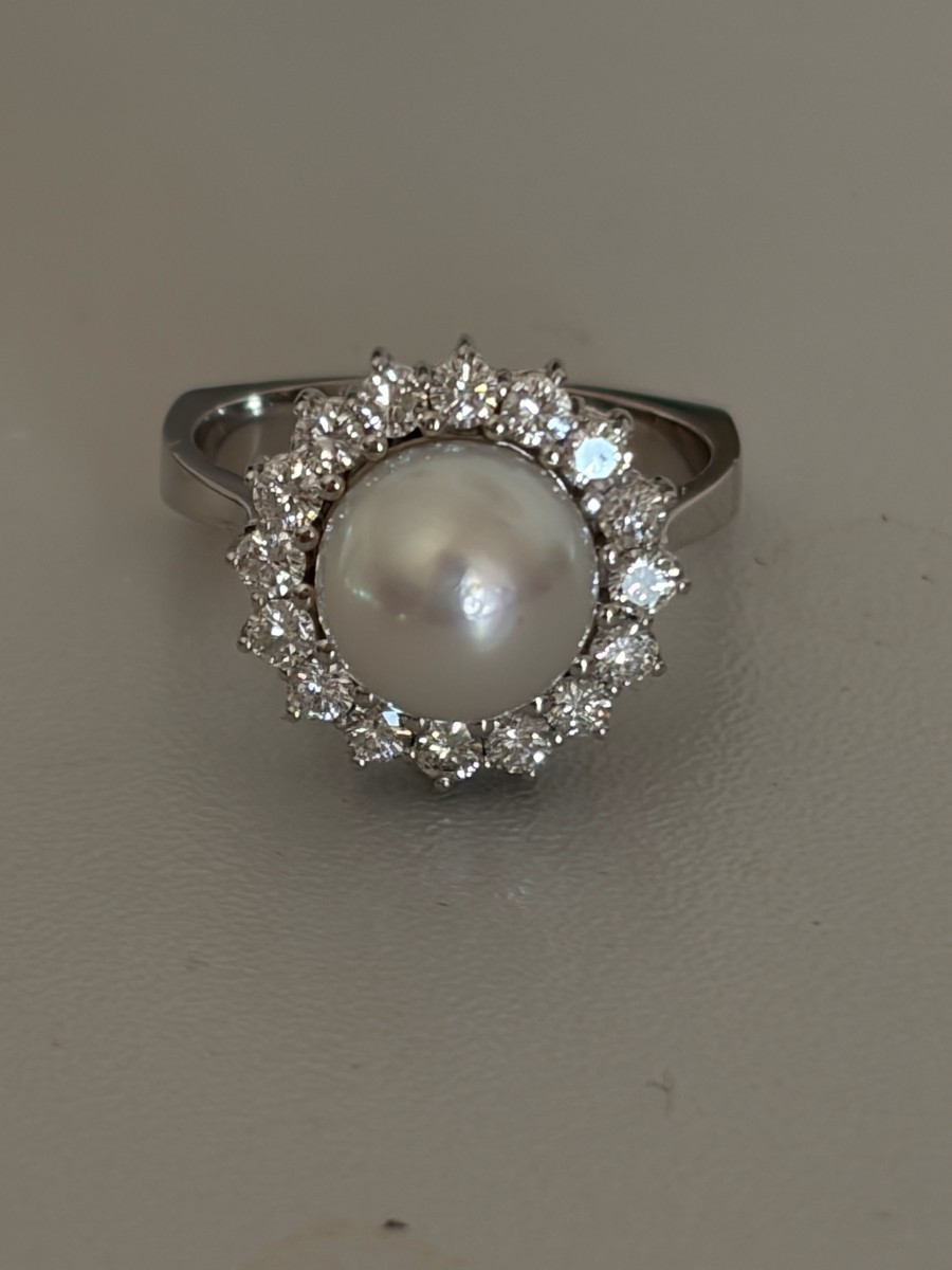 7539 - Vintage Ring White Gold Akoya Pearl Diamonds