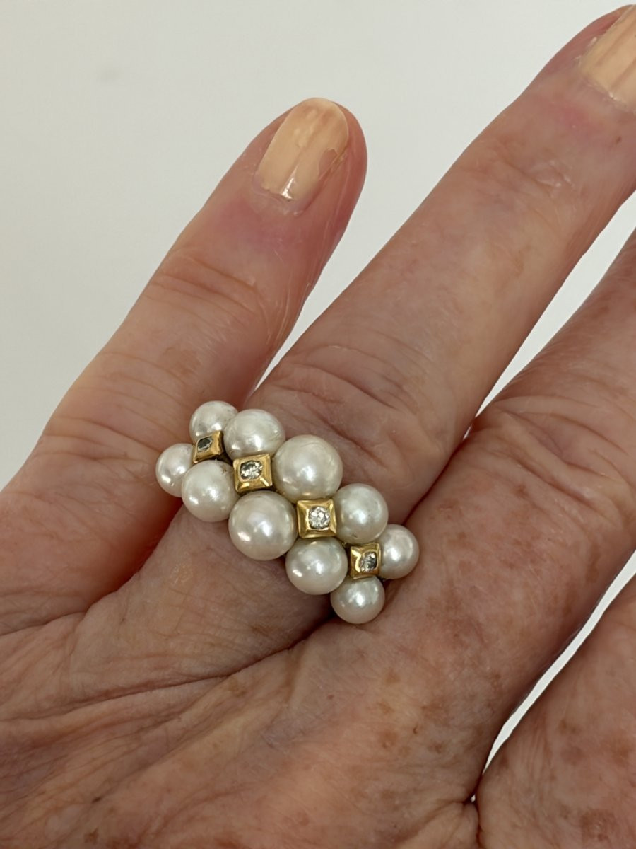 7554 - Bague Vintage Or Jaune Perles Akoya Diamants-photo-2