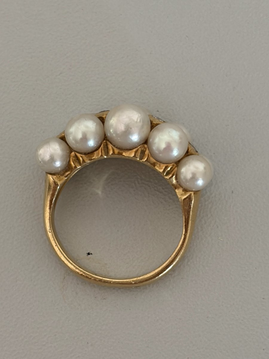 7554 - Bague Vintage Or Jaune Perles Akoya Diamants-photo-3