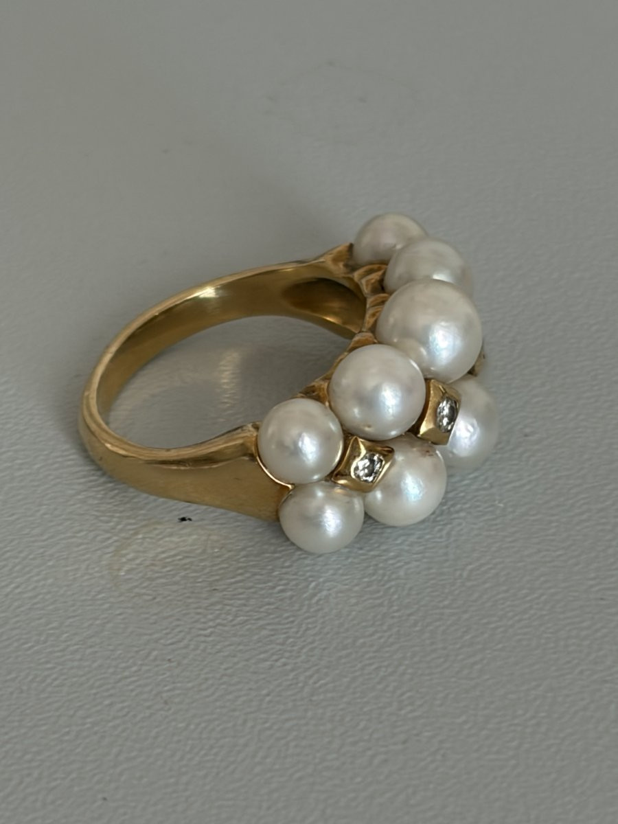 7554 - Bague Vintage Or Jaune Perles Akoya Diamants-photo-4