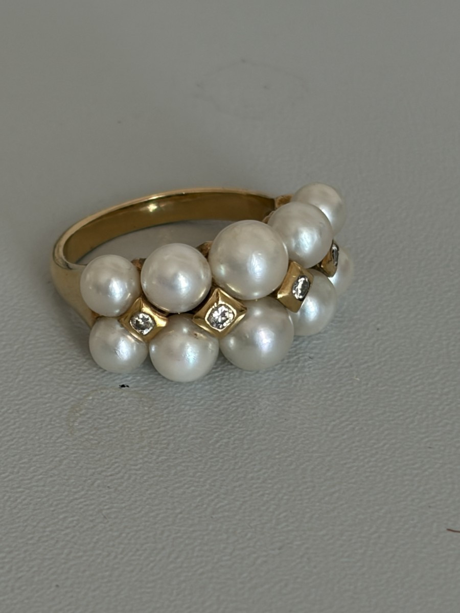 7554 - Bague Vintage Or Jaune Perles Akoya Diamants-photo-1