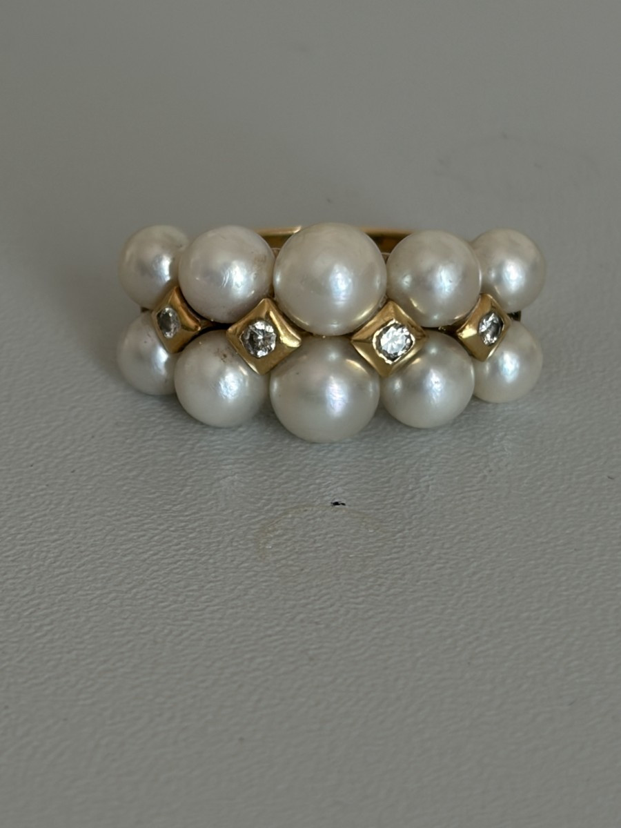 7554 - Bague Vintage Or Jaune Perles Akoya Diamants