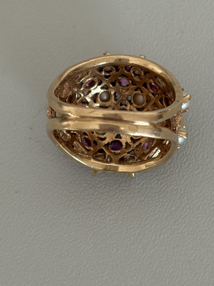 7562 - Bague Boule Vintage Or Jaune Rubis Perles Akoya-photo-2