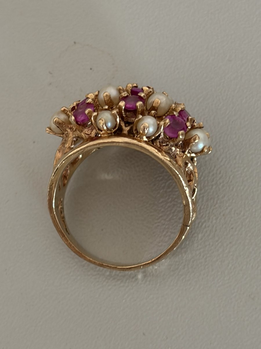 7562 - Bague Boule Vintage Or Jaune Rubis Perles Akoya-photo-3
