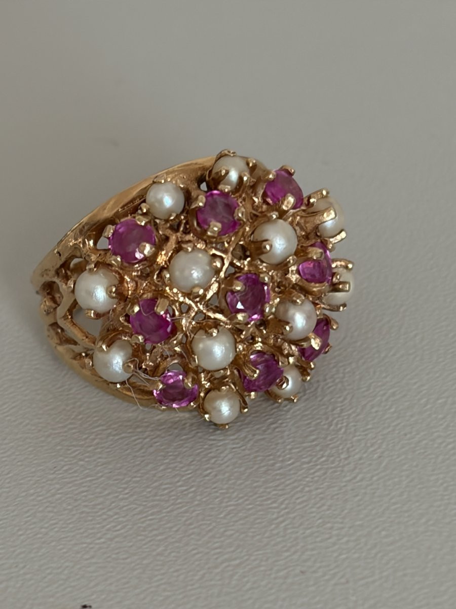 7562 - Bague Boule Vintage Or Jaune Rubis Perles Akoya-photo-4
