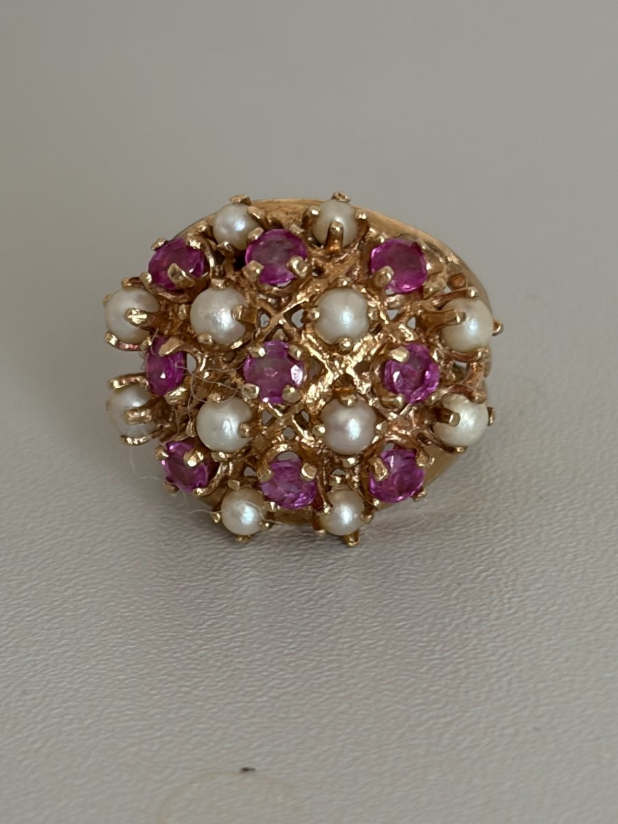 7562 - Bague Boule Vintage Or Jaune Rubis Perles Akoya-photo-1