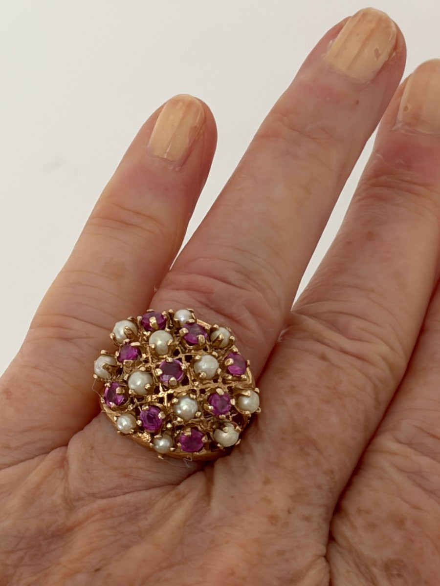 7562 - Bague Boule Vintage Or Jaune Rubis Perles Akoya-photo-2