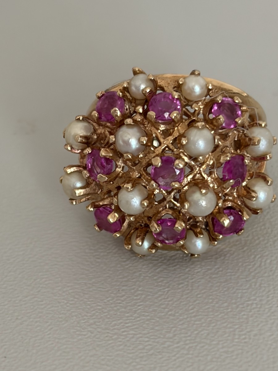 7562 - Bague Boule Vintage Or Jaune Rubis Perles Akoya