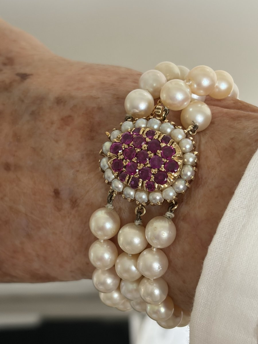 7583 - Bracelet 3 Rangs Perles Akoya Fermori Or Jaune Rubis Naturels-photo-2