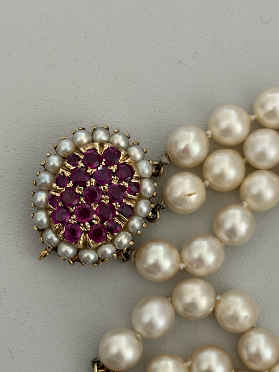 7583 - Bracelet 3 Rangs Perles Akoya Fermori Or Jaune Rubis Naturels-photo-4