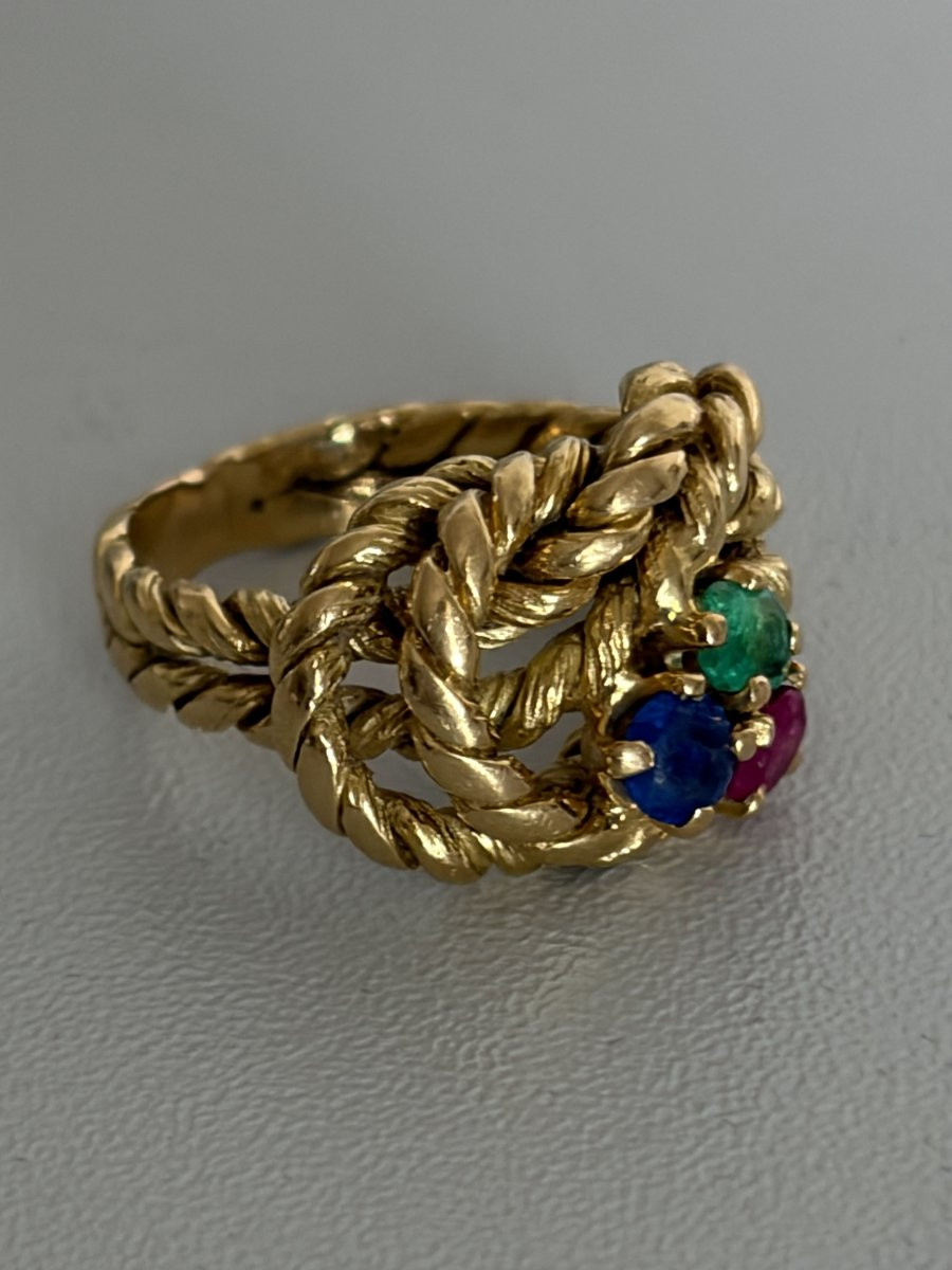 7586 - Bague Vintage Or Jaune Cordé Rubis Saphir Emeraude-photo-3