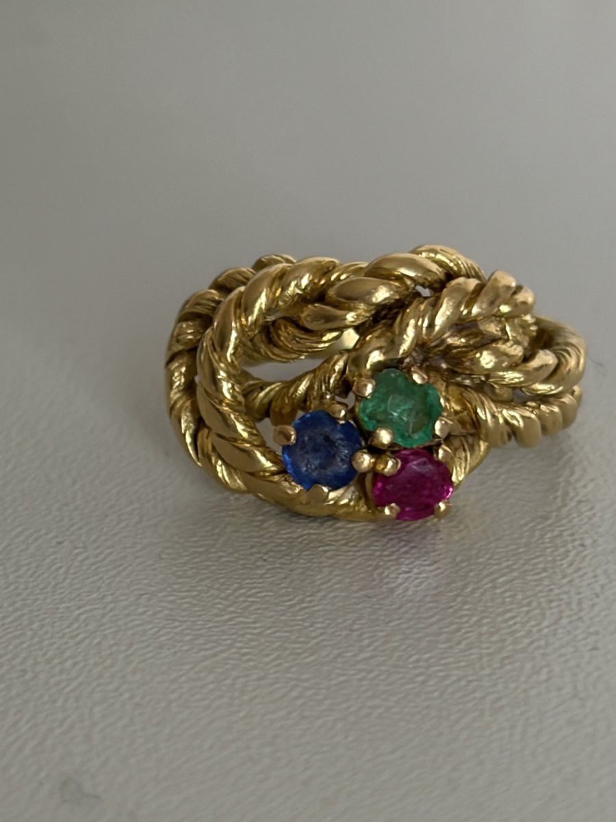 7586 - Bague Vintage Or Jaune Cordé Rubis Saphir Emeraude-photo-4