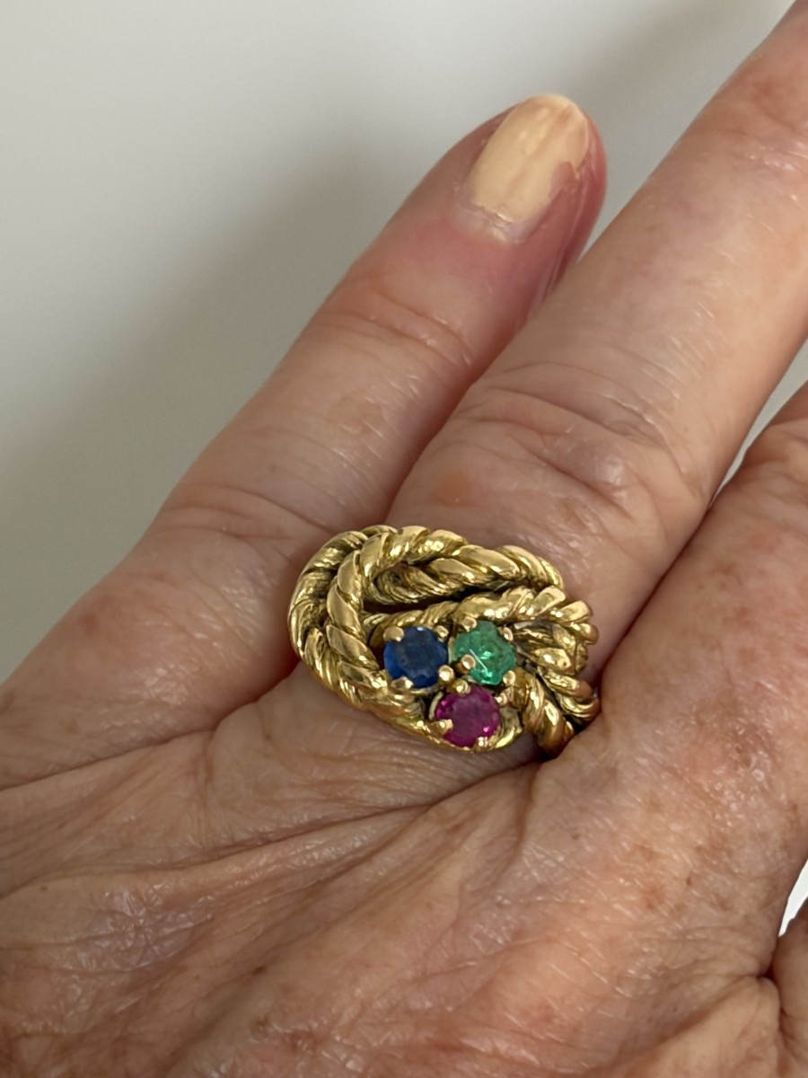 7586 - Bague Vintage Or Jaune Cordé Rubis Saphir Emeraude-photo-1