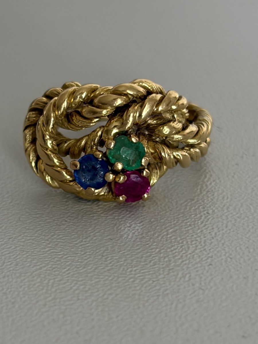 7586 - Bague Vintage Or Jaune Cordé Rubis Saphir Emeraude
