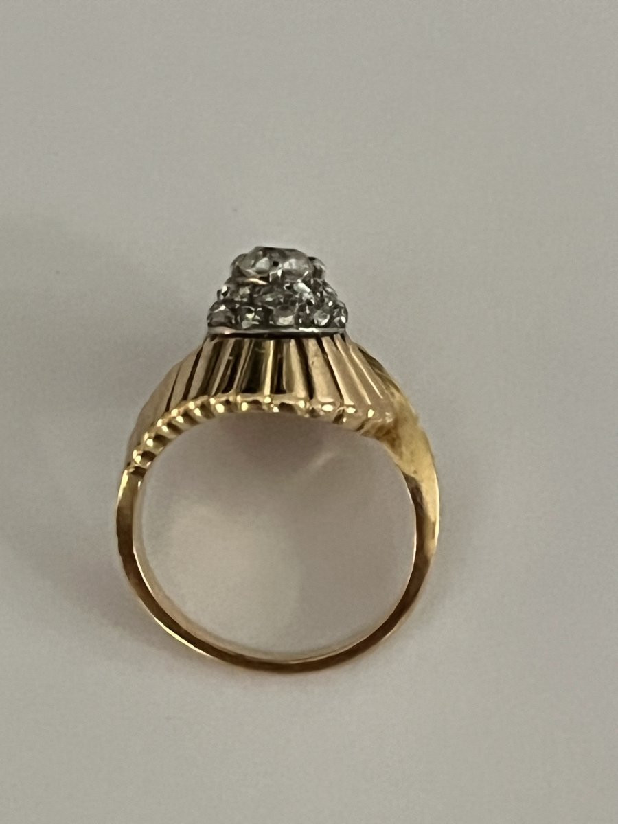 6126 - Vintage Yellow Gold Godronné Platinum Diamond Ring-photo-2
