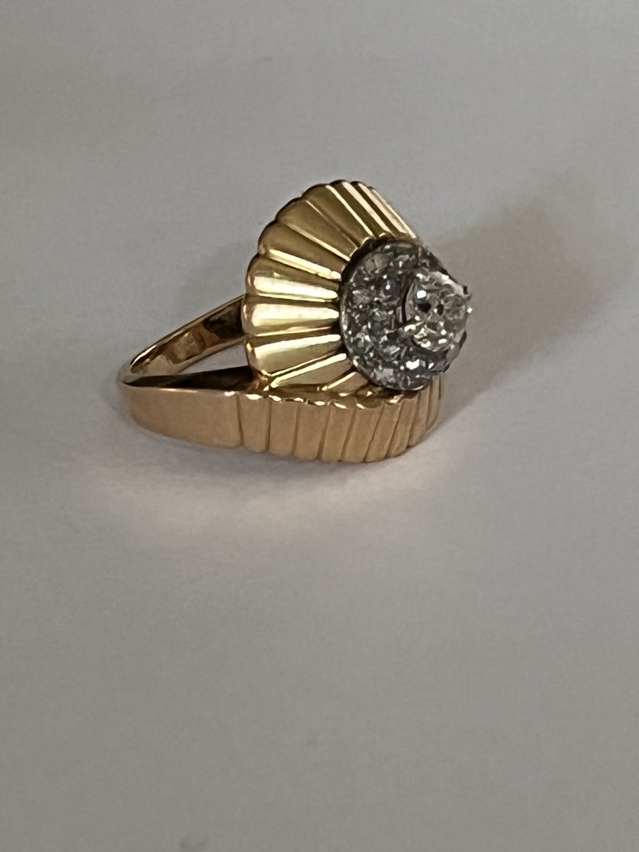 6126 - Vintage Yellow Gold Godronné Platinum Diamond Ring-photo-3