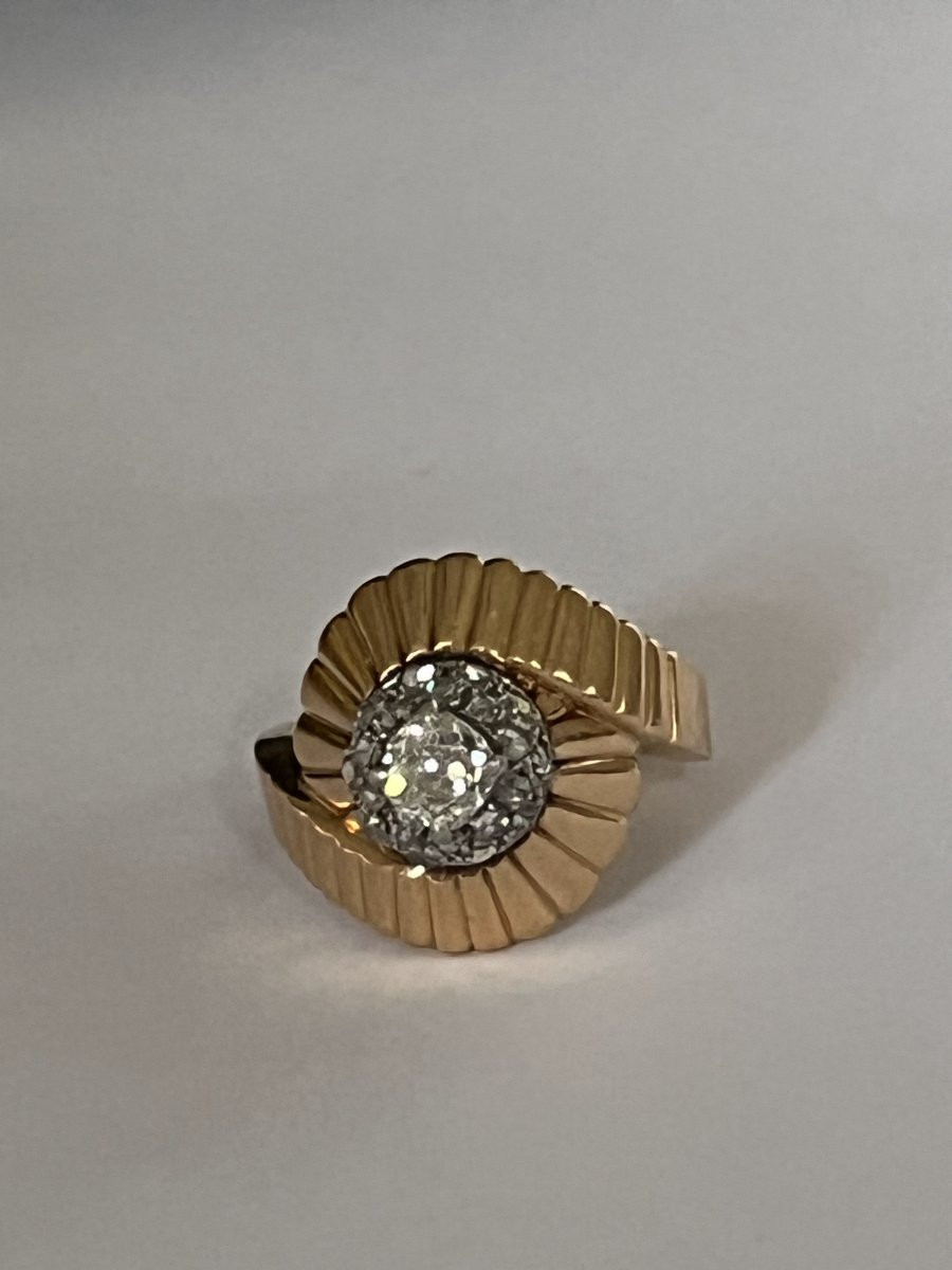 6126 - Vintage Yellow Gold Godronné Platinum Diamond Ring-photo-1