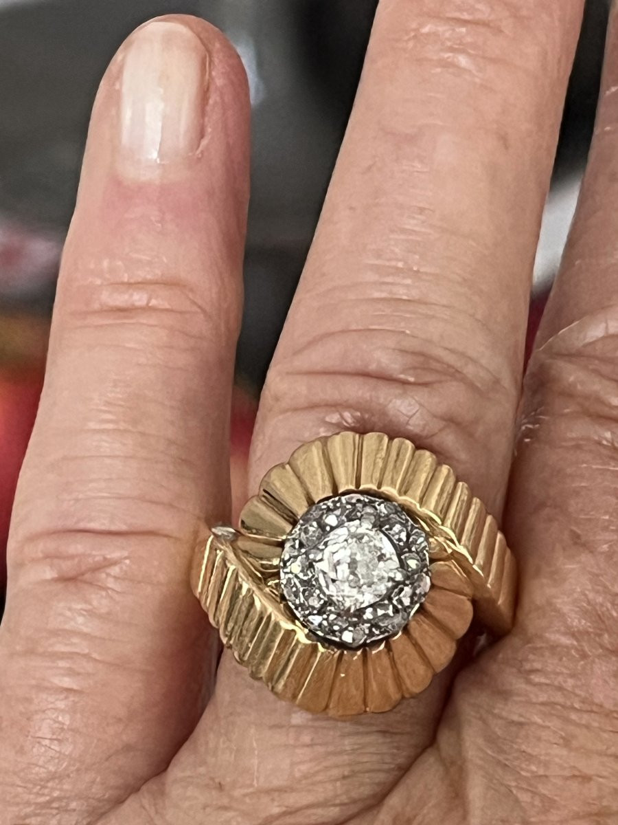 6126 - Vintage Yellow Gold Godronné Platinum Diamond Ring-photo-2