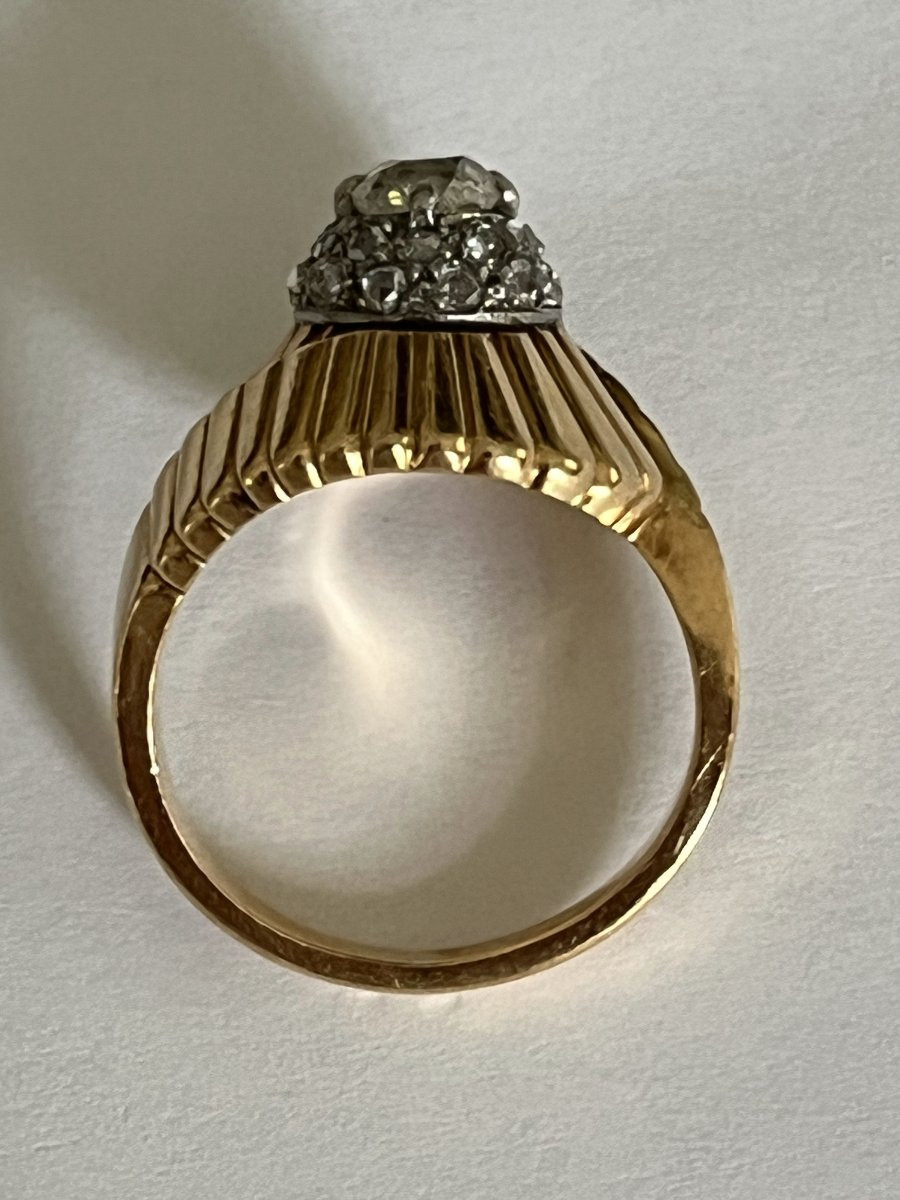 6126 - Vintage Yellow Gold Godronné Platinum Diamond Ring-photo-3