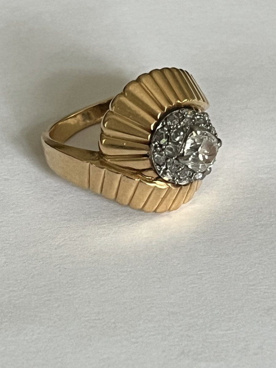 6126 - Vintage Yellow Gold Godronné Platinum Diamond Ring-photo-4