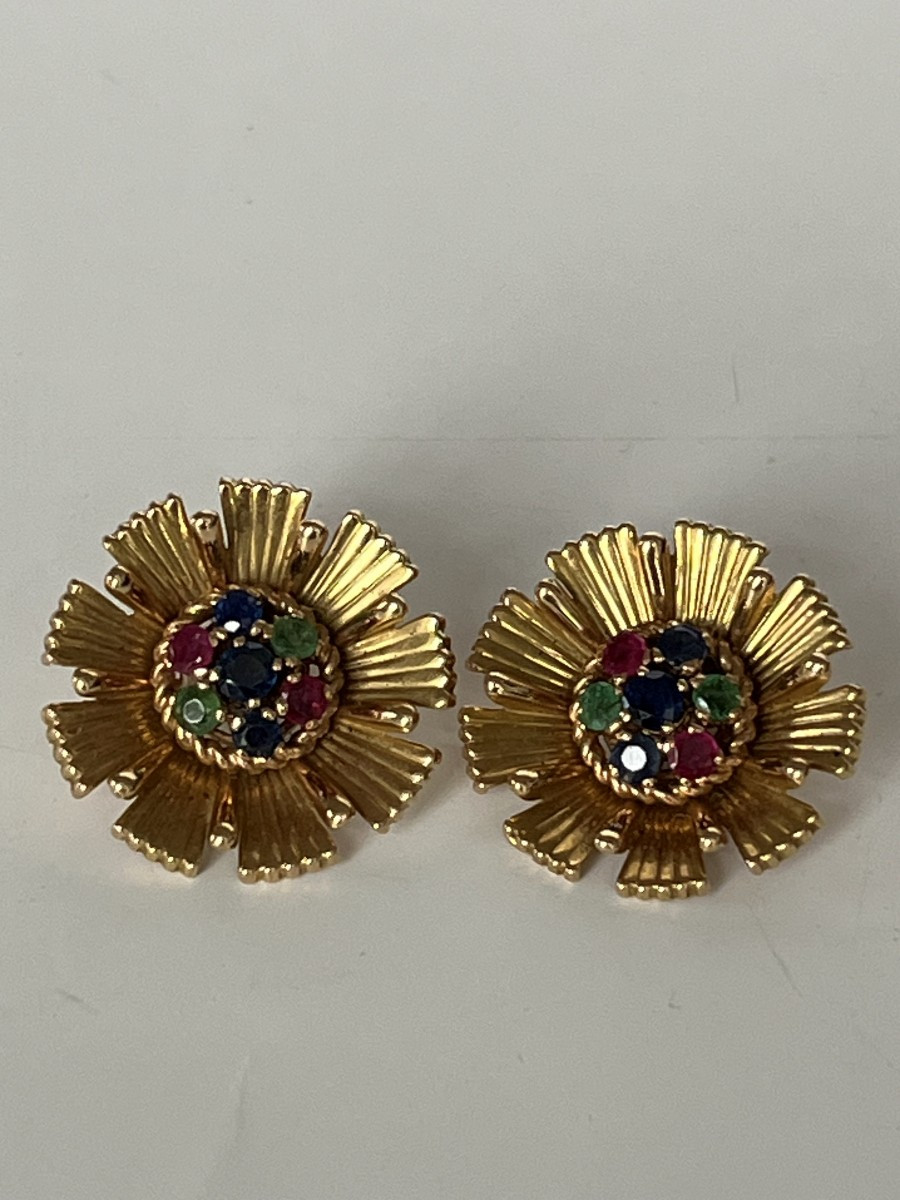 6310 - Boucles d'Oreilles Fleurs Vintage Or Jaune Pierres Précieuses