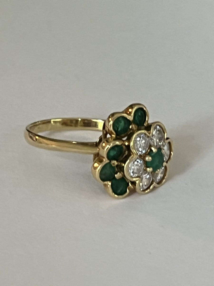 6643A - Bague Vintage Fleur Or Jaune Emeraudes Diamants-photo-4