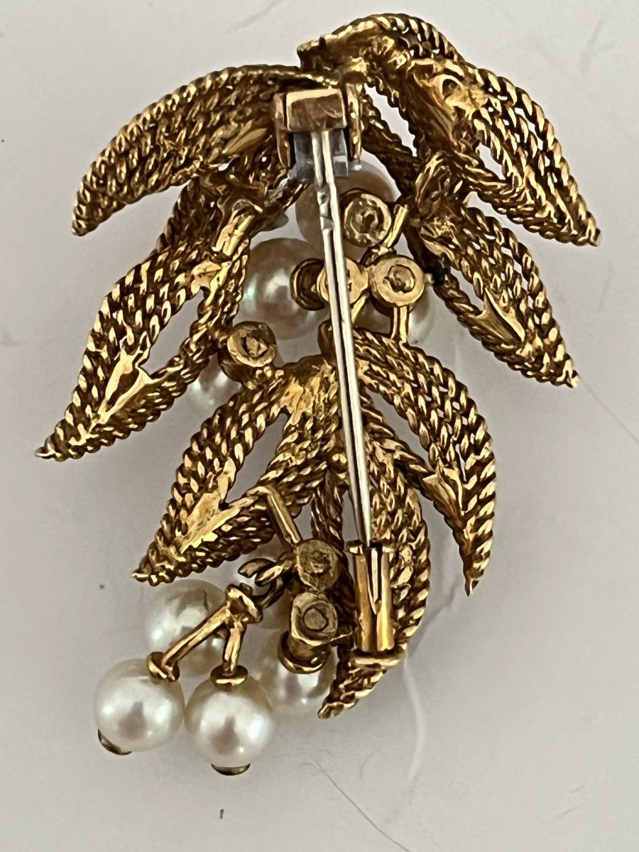6812 - Broche Feuillage Vintage Or Jaune et Gris Perles-photo-2